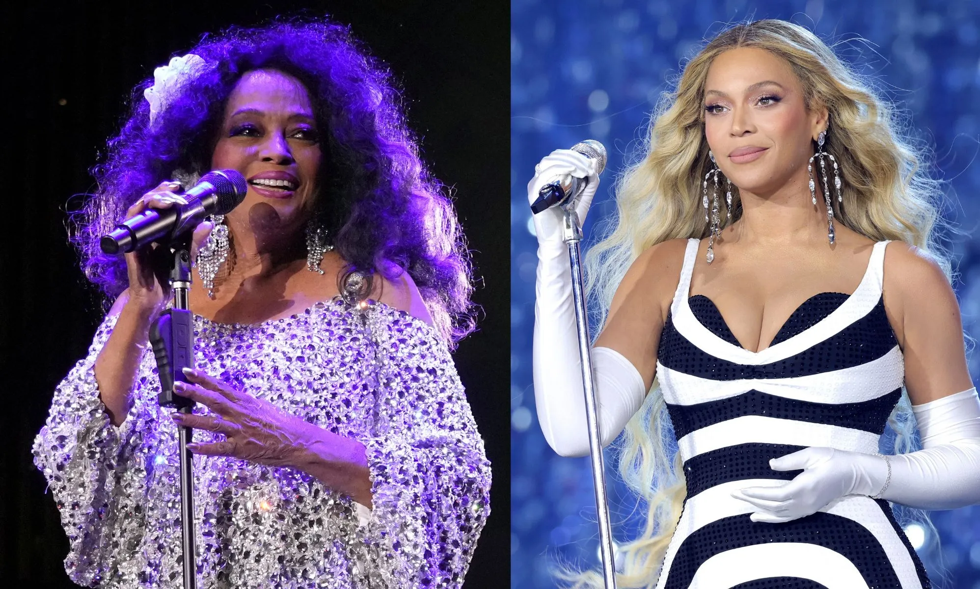 On the left, singer Diana Ross in a sparkly silver top smiles and holds a microphone. On the right, singer Beyoncé in a black and white striped top and white gloves holds a microphone.