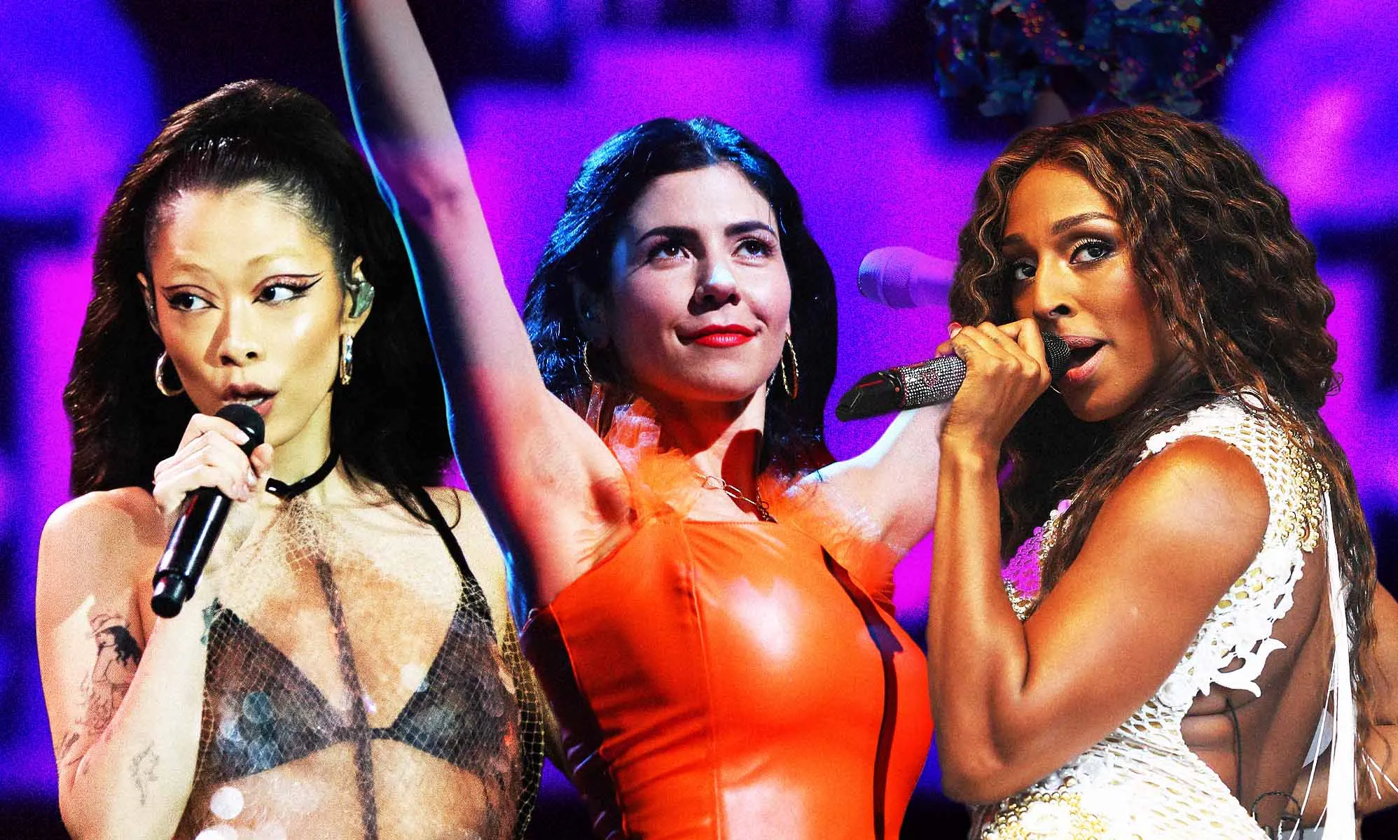 An image featuring pop singers Rina Sawayama, Marina, and Alexandra Burke.