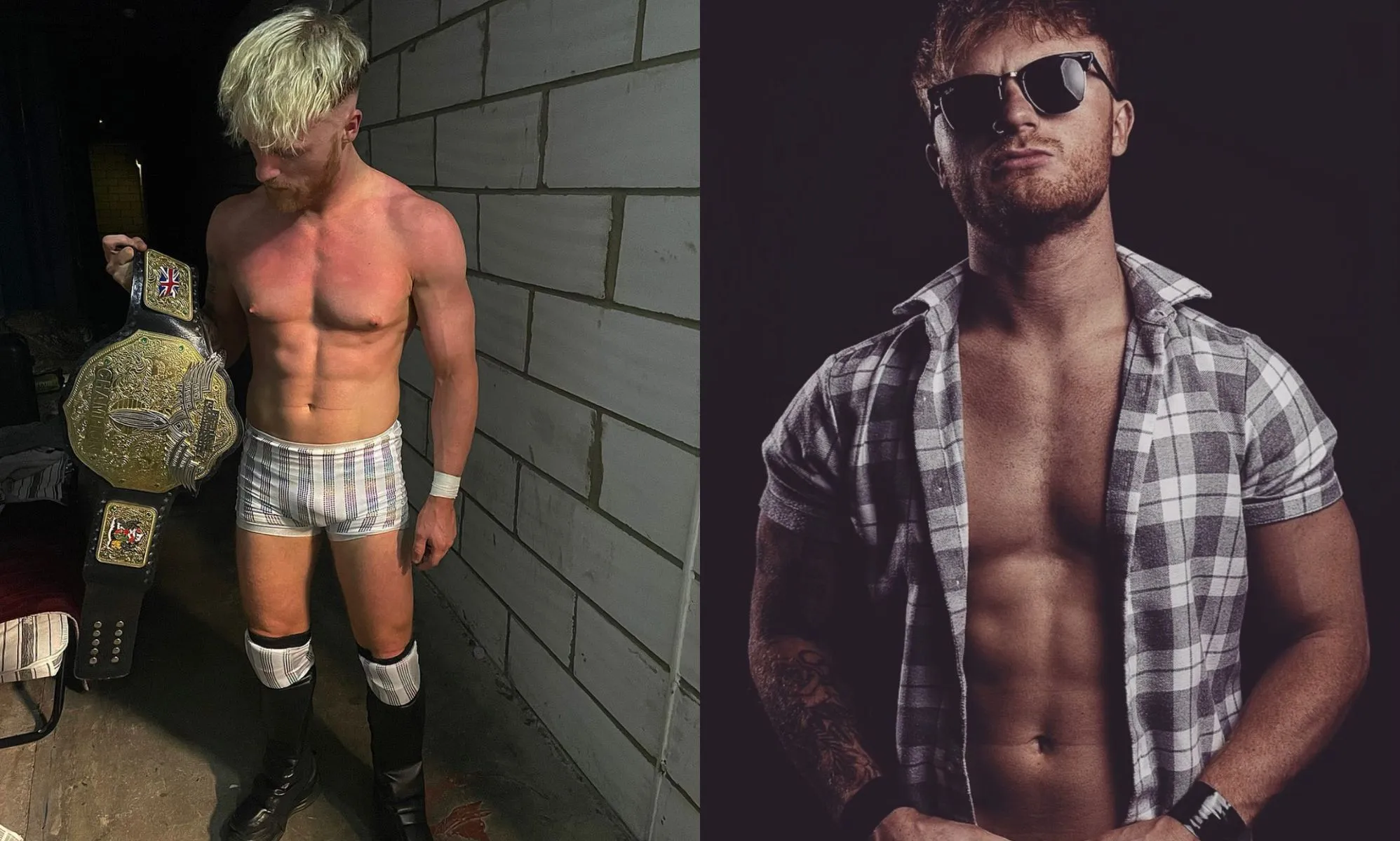 On the left Adam Bolt is pictured with a trophy wearing stripy underwear. On the right he is pictured wearing a plaid shirt that is open and he is wearing sunglasses.