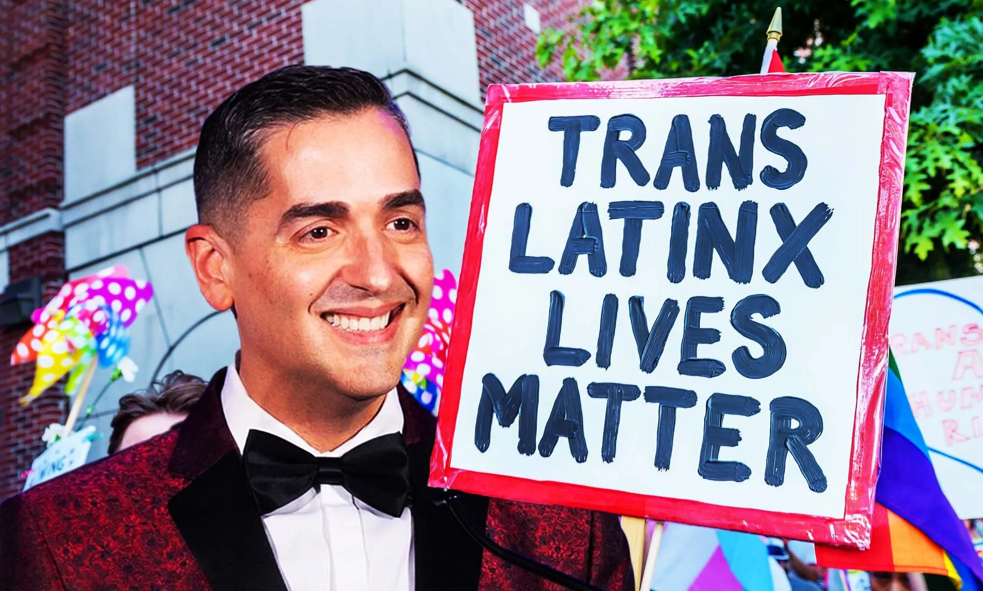 A graphic composed of a photo of Frankie Miranda, the first openly queer president of the Hispanic Federation; a sign reading