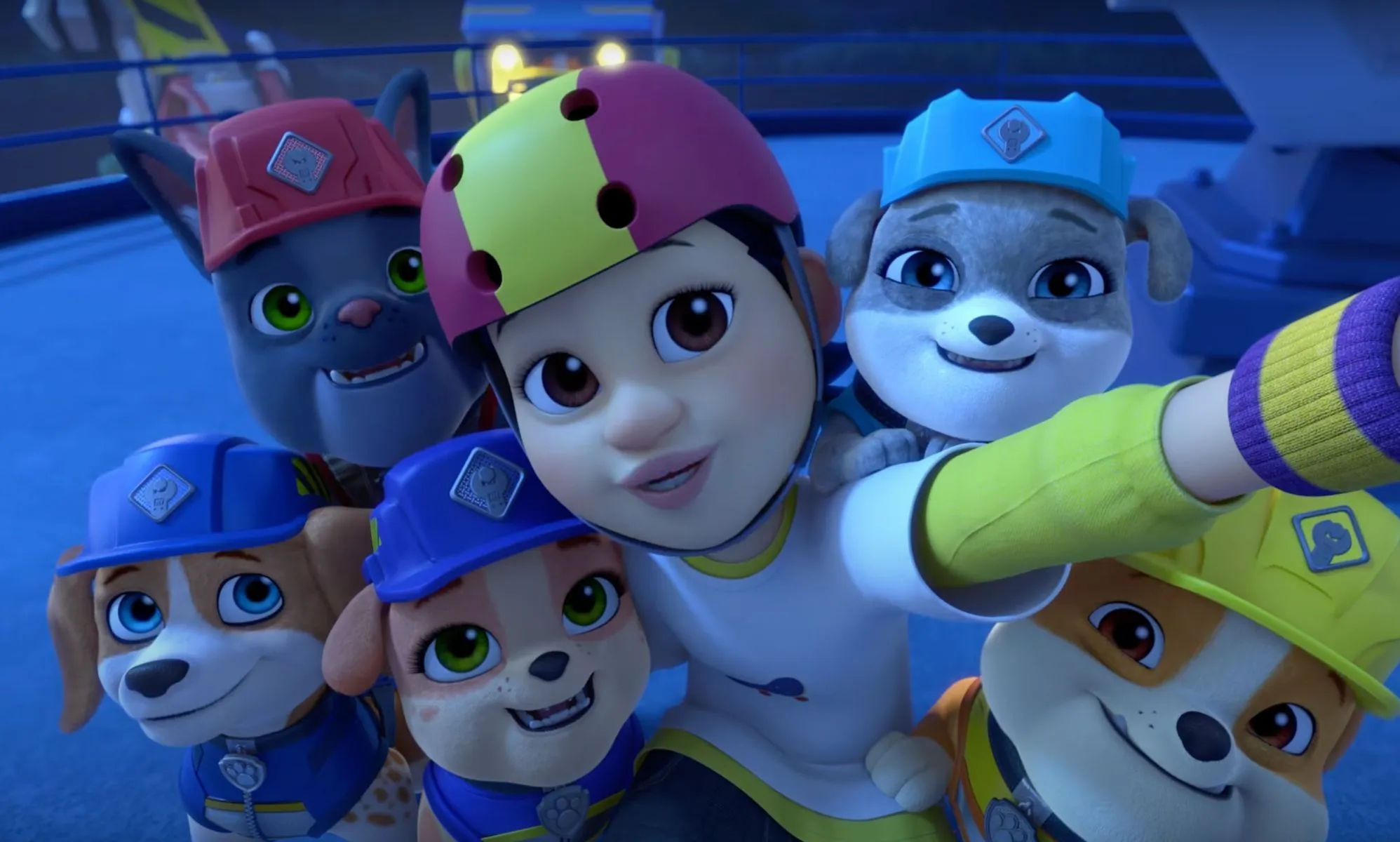 A still from new episode of Paw Patrol spin-off Rubble & Crew featuring non-binary character River.