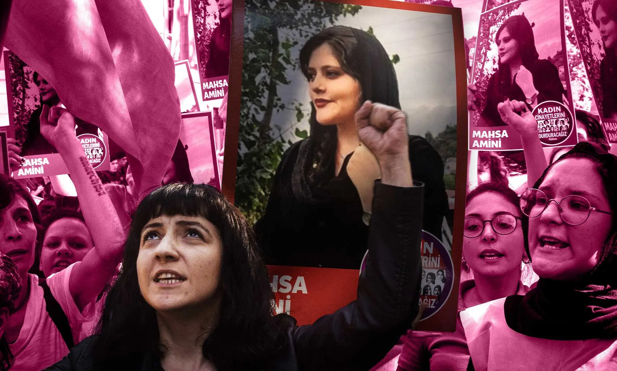 A graphic composed of an image of Mahsa Amini, a Kurdish-Iranian woman who was killed in 2022; the protests that broke out across the country after her death which included LGBTQ+ folks; and a pink wash