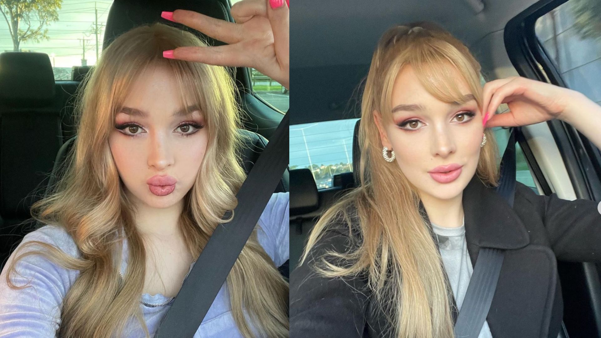 Trans influencer Grace Hyland poses in a car wearing a seatbelt