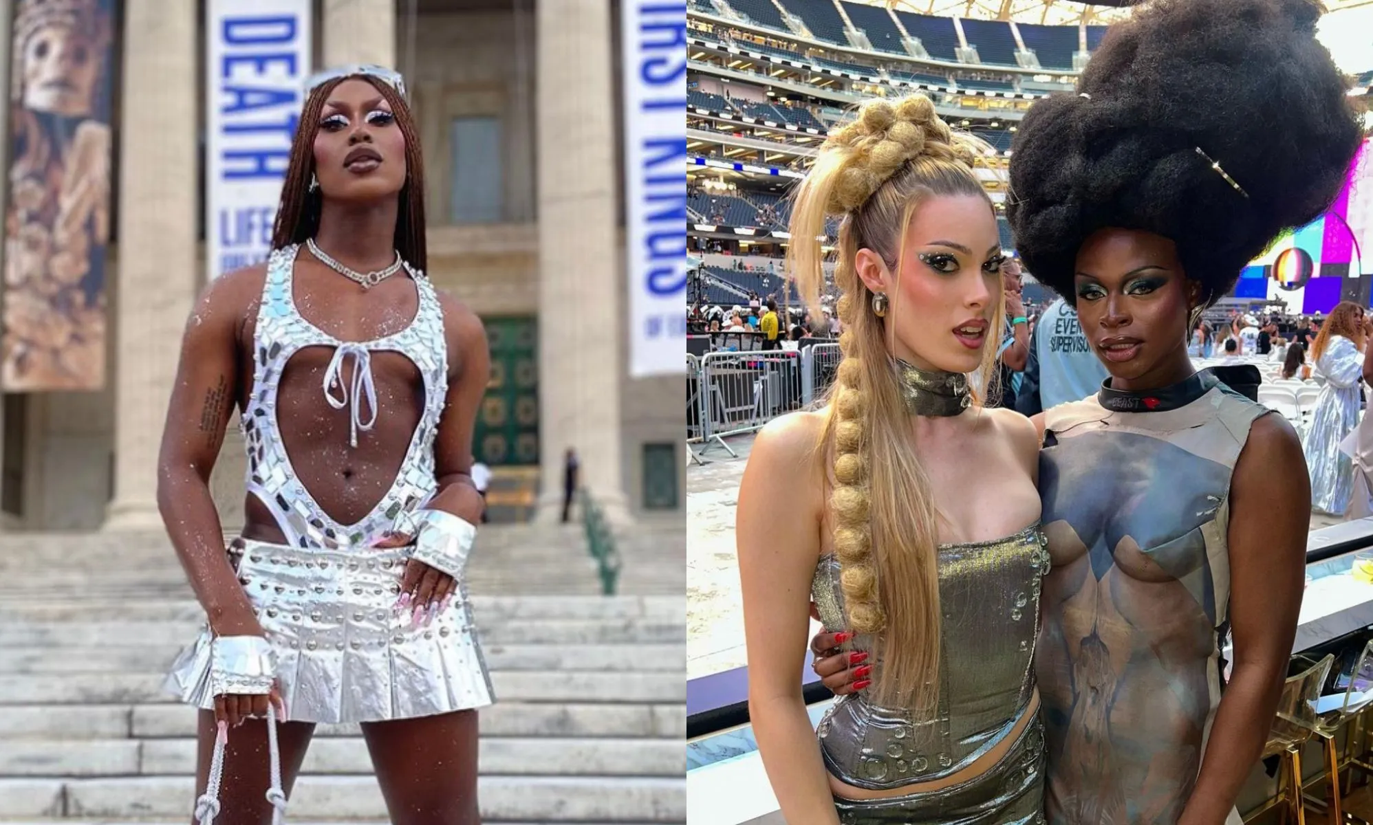 On the left, Shea Coulee in a silver outfit. On the right, Gigi Goode and Symone in silver outfits for Beyonce