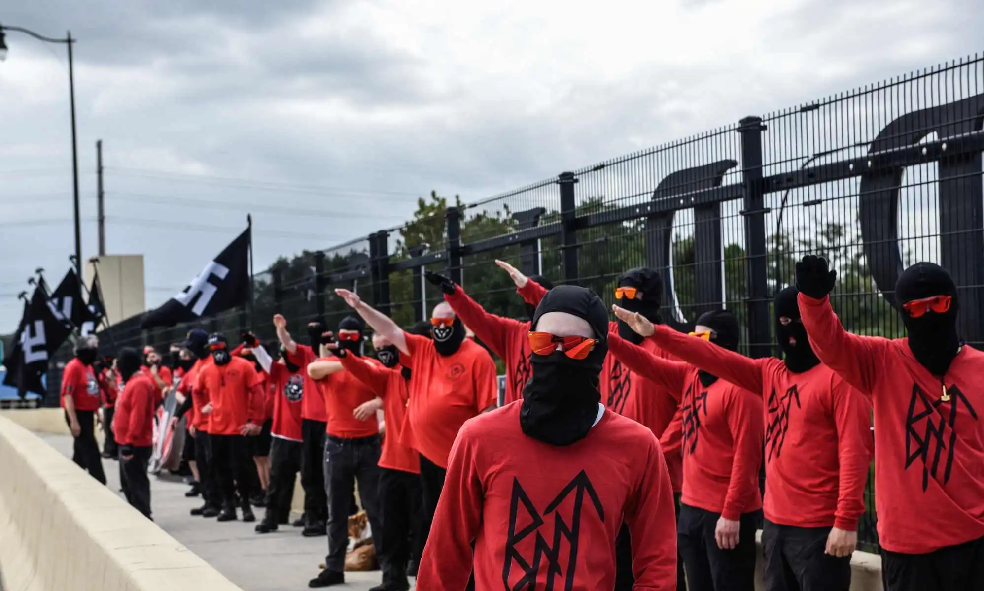 The neo-Nazi groups Blood Tribe, and Goyim Defense League hold a rally on 2 September, 2023 in Orlando, Florida