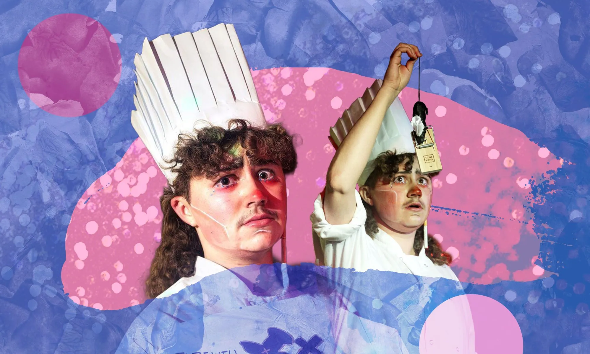 A graphic composed of images of trans drag king Percy Non Grata performing in a chef outfit with designs surrounding him in the colours blue and pink
