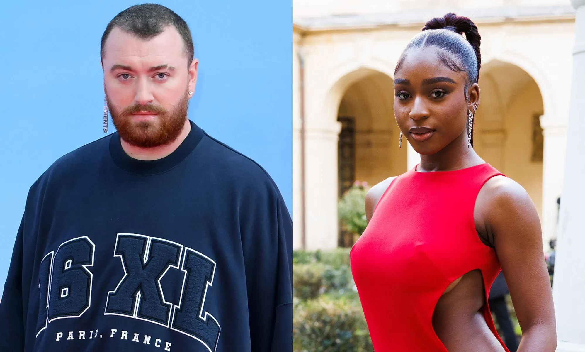 On the left, Sam Smith in an oversized jumper at the Barbie premiere. On the right, Normani stuns in a red dress.