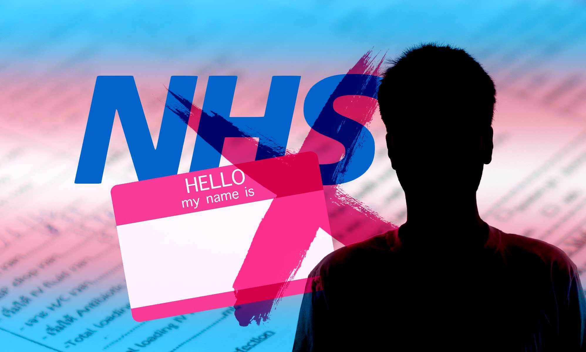 A graphic of the NHS logo on a trans flag, behind a name tag crossed out next to a picture of a silhouette.