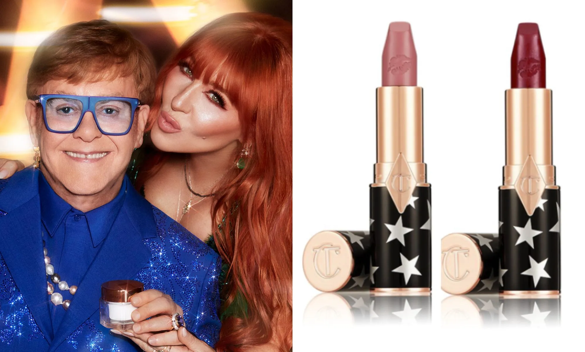 Elton John teams up with beauty brand Charlotte Tilbury for their holiday collection.