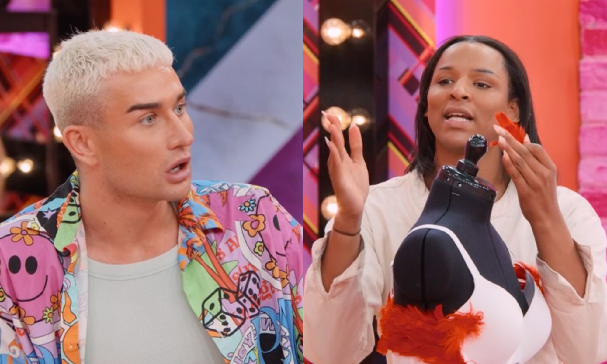 Stills from Drag Race UK season 5 episode two showing Tomara Thomas and Cara Melle arguing.