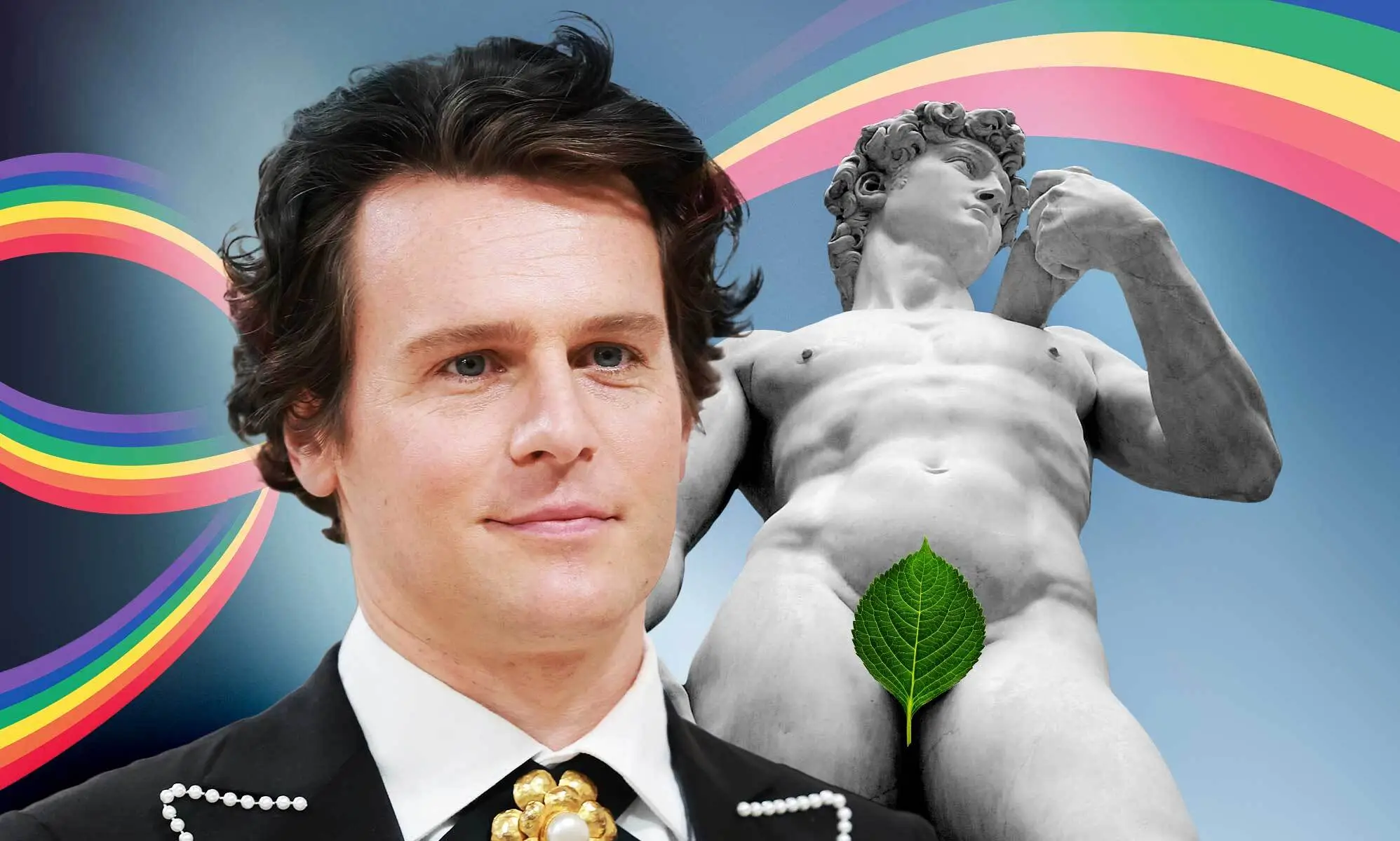 A composite image of Jonathan Groff and the statue of David