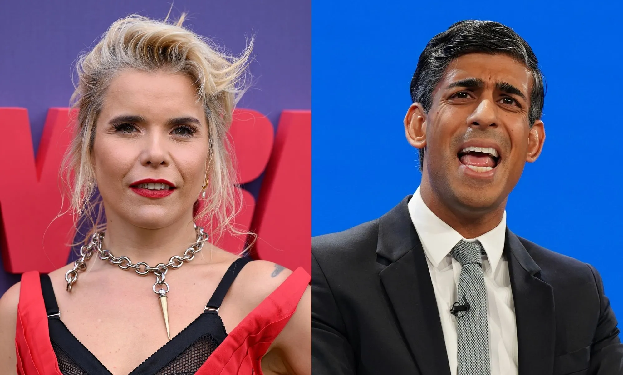 On the left, Paloma Faith. On the right, Rishi Sunak at the Conservative Party Conference.