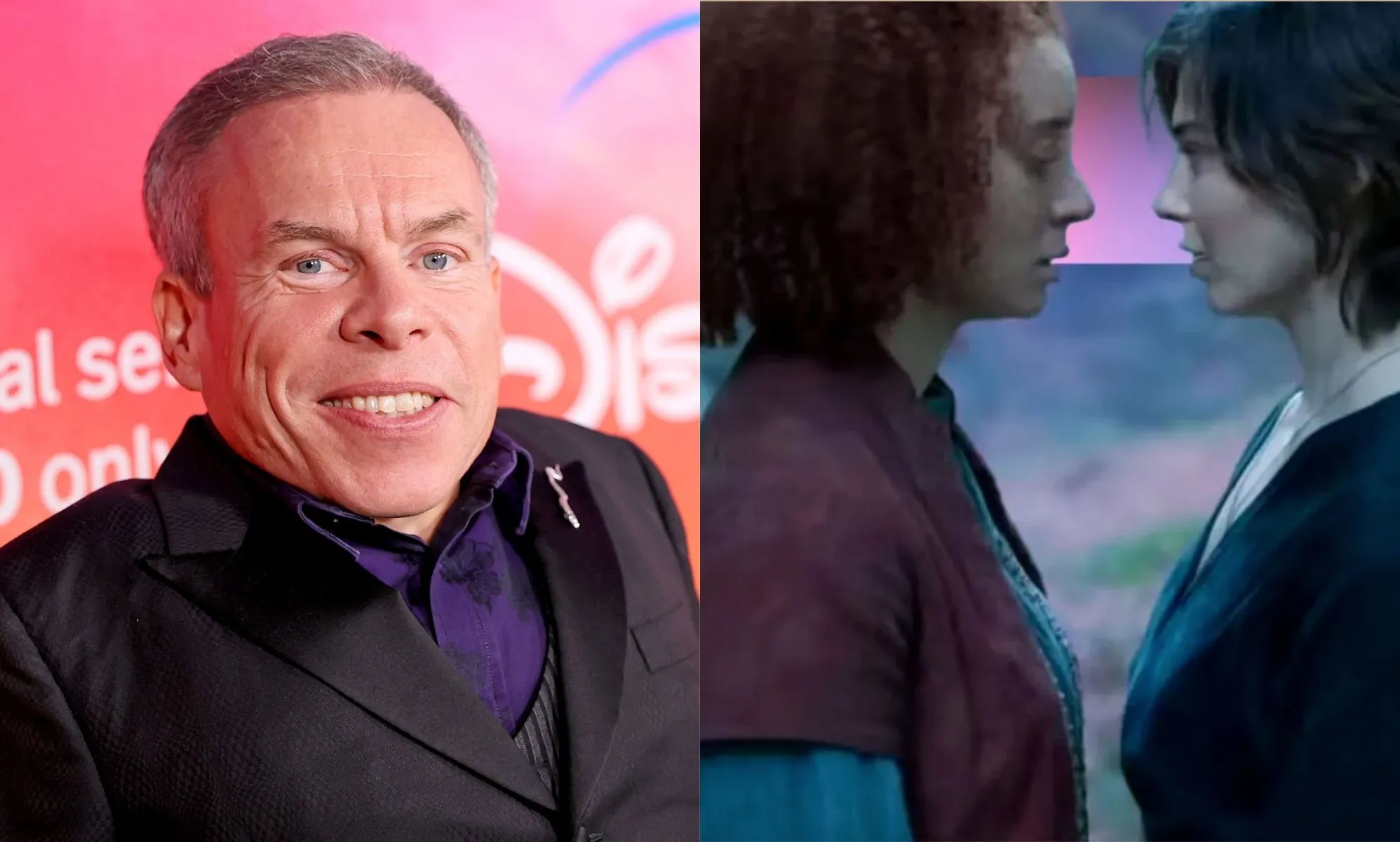 On the left, Warwick Davis on a suit at the Willow red carpet. On the right, a still from Willow.