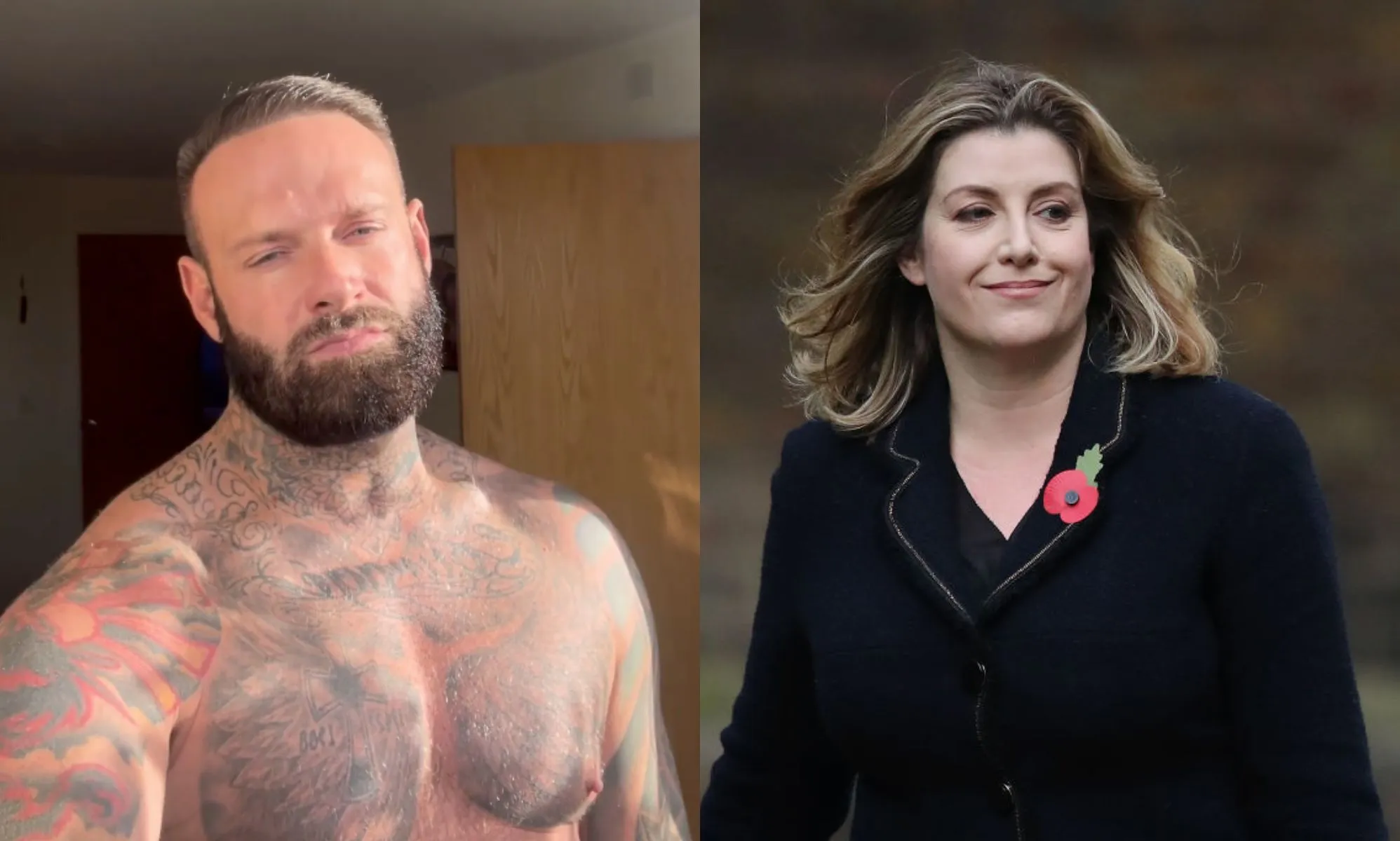 James Mordaunt pictured shirtless in a screenshot from an Instagram video on the left and Penny Mordaunt is pictured walking outdoors wearing a black suit.