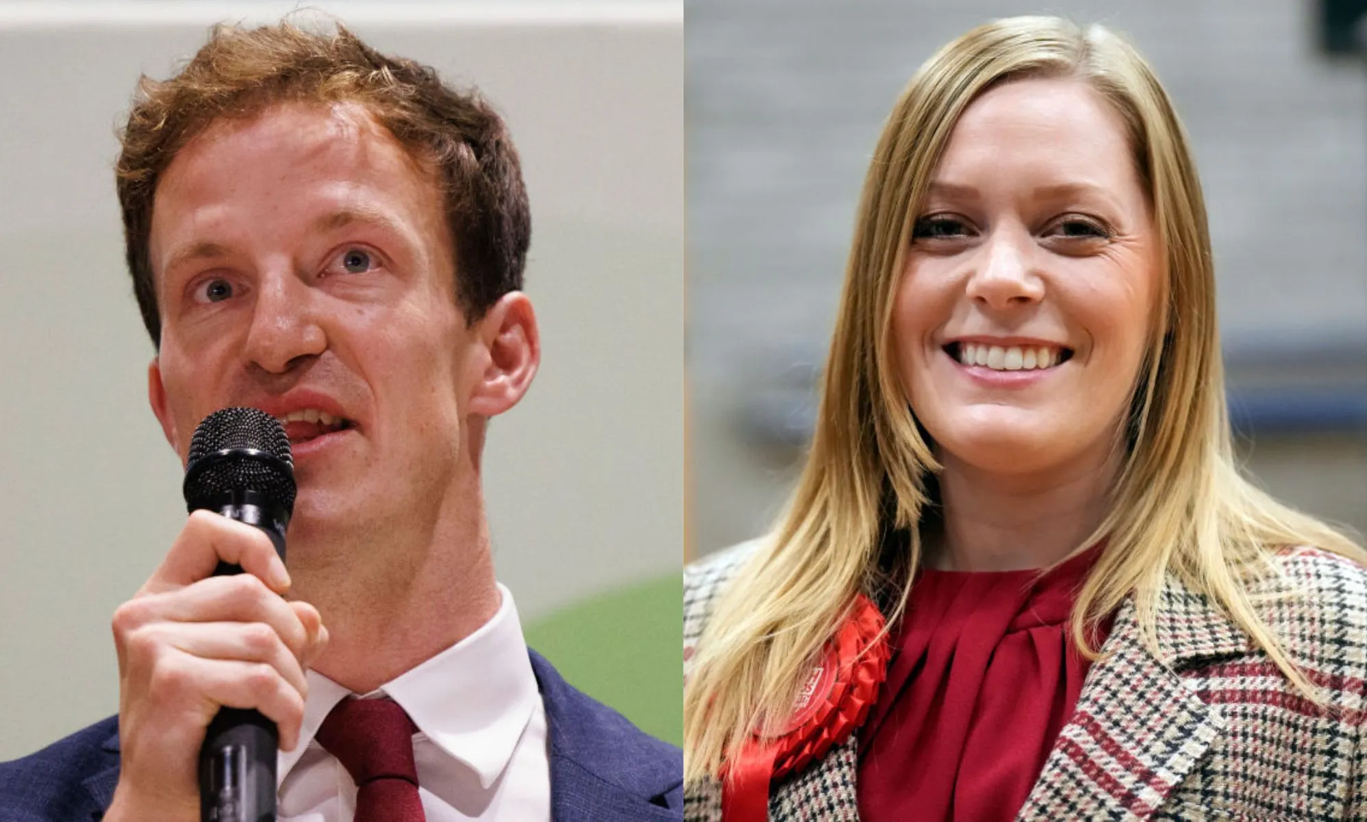 Alistair Strathern pictured on the left giving a speech. On the right is Sarah Edwards pictured after her election win.
