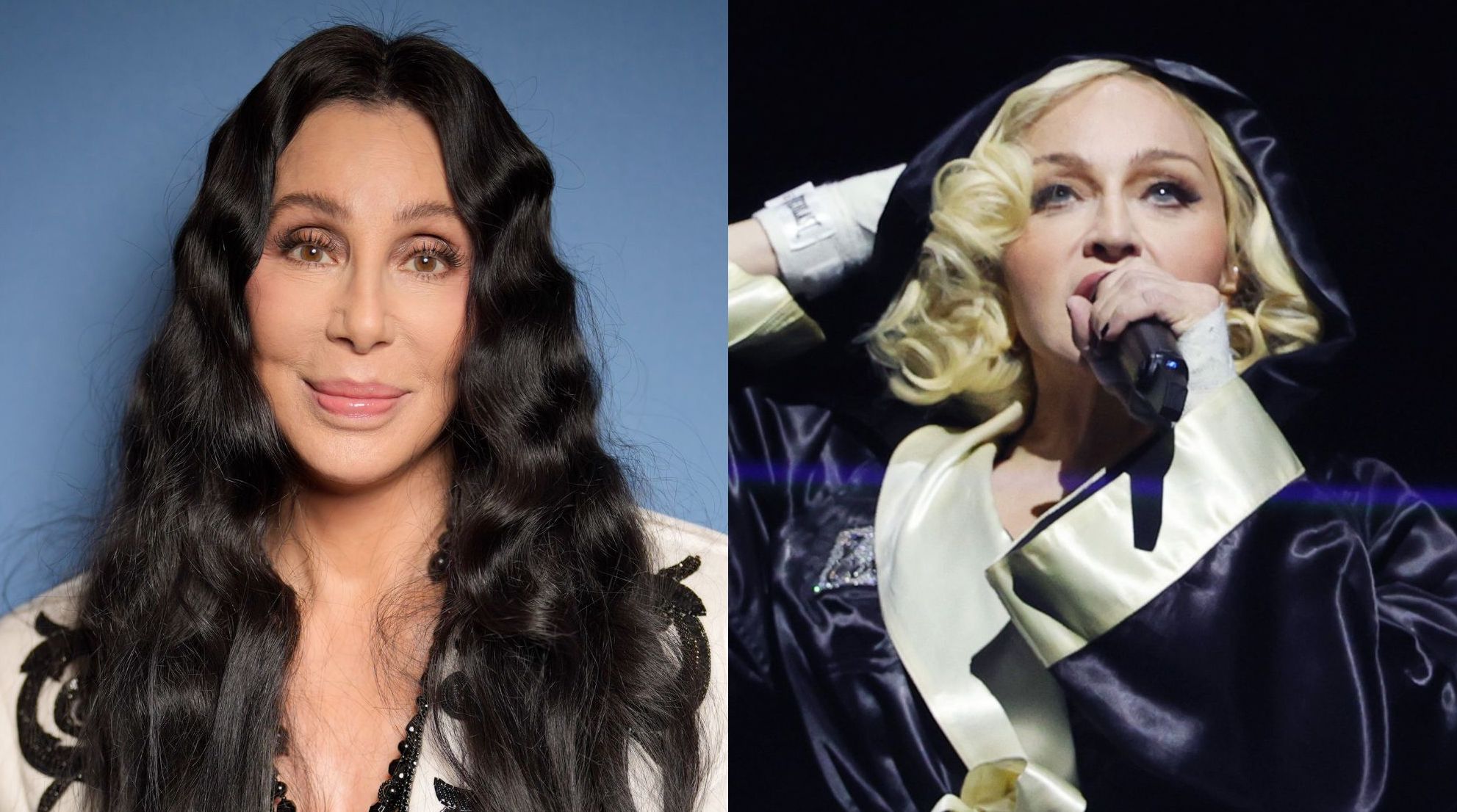 A composite image of Cher (left) and Madonna (right) performing on the Celebration Tour