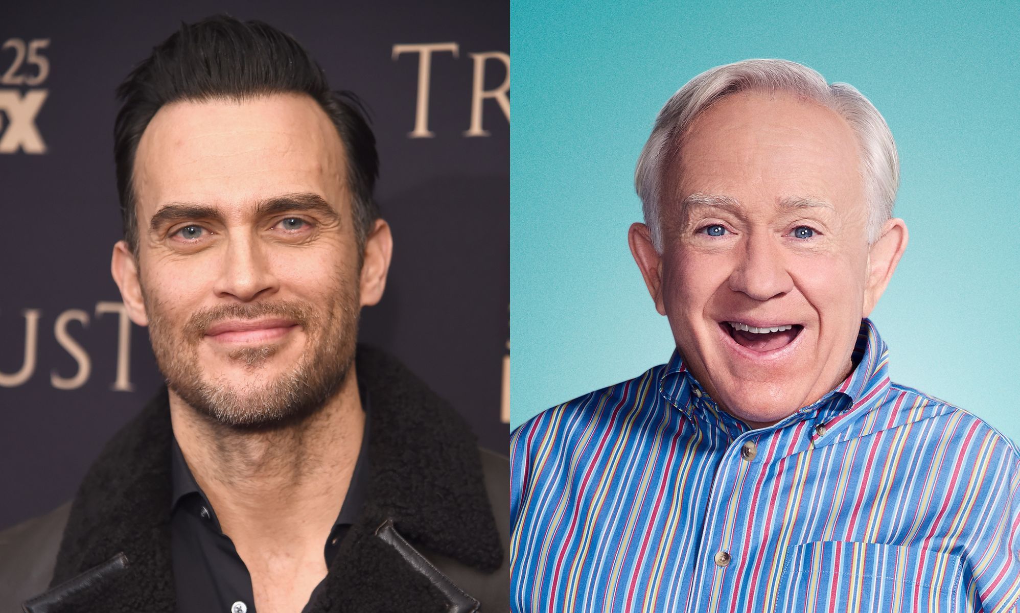 Cheyenne Jackson (left) smiles on the red carpet wearing a leather jacket. Leslie Jordan (right) smiles open mouthed wearing a striped shirt, stood against a blue background.