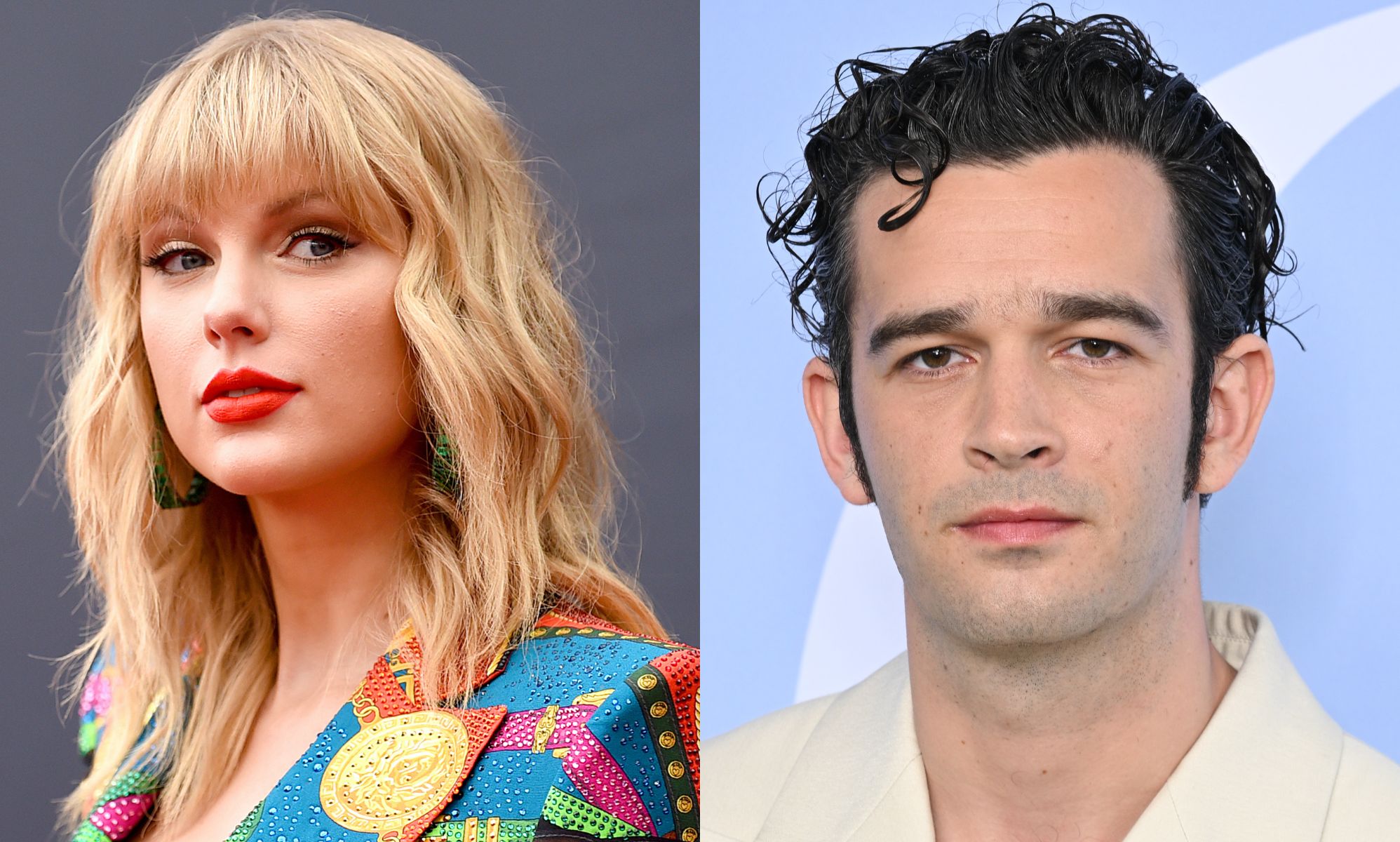 On the left, Tyalor Swift in a multi-coloured blazer. On the right, Matty Healy in a white shirt.