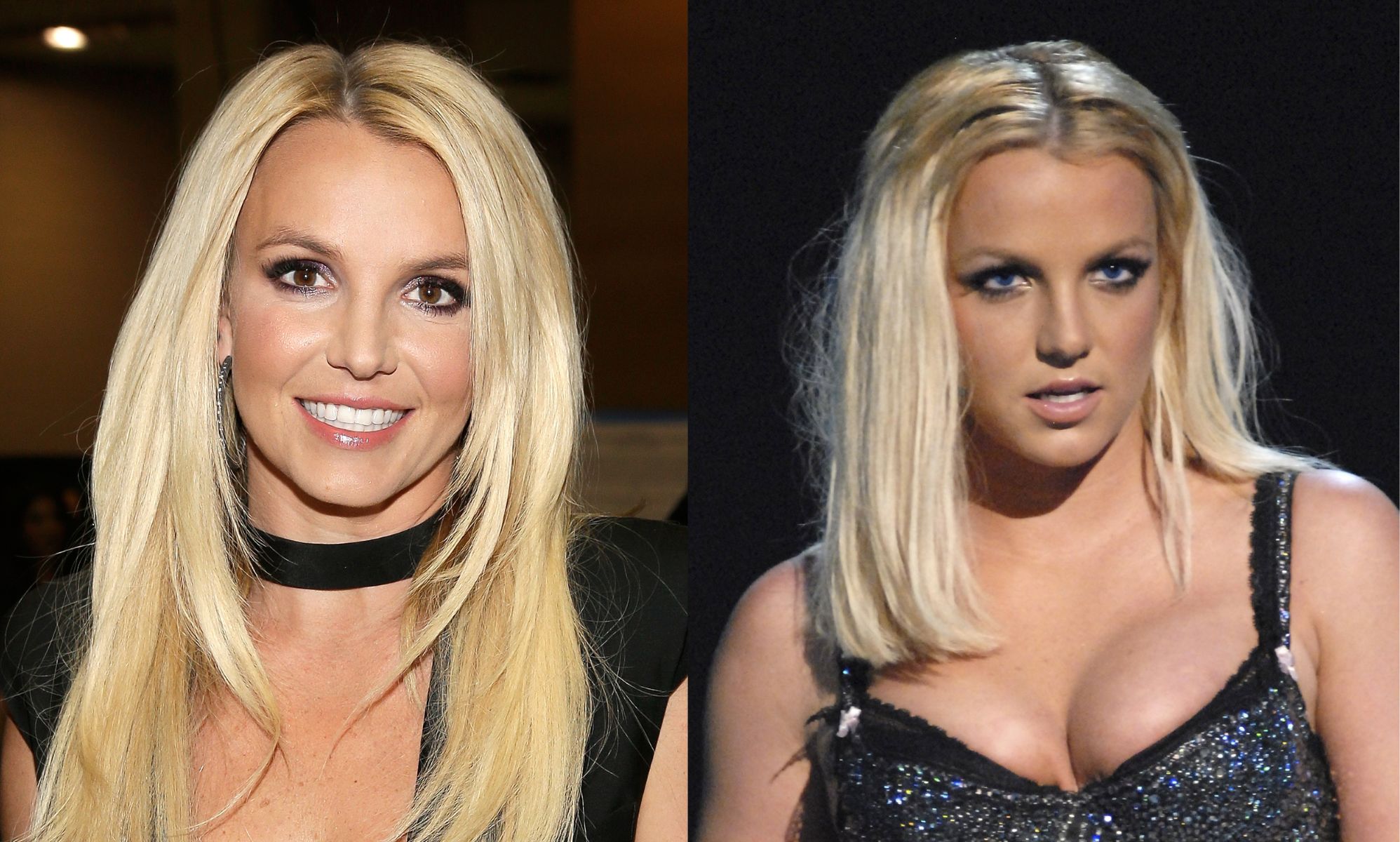 On the left, Britney Spears in 2013 smiling. On the right, Britney on stage during her 2007 VMA performance.