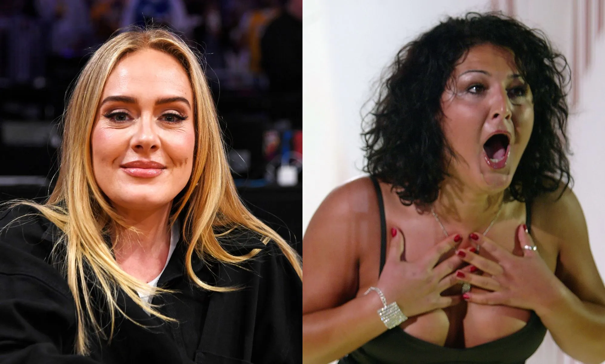 On the left, Adele wearing a black top looking directly at the camera and smiling. On the right, Big Brother contestant Nadia Almada leaves the house after winning.