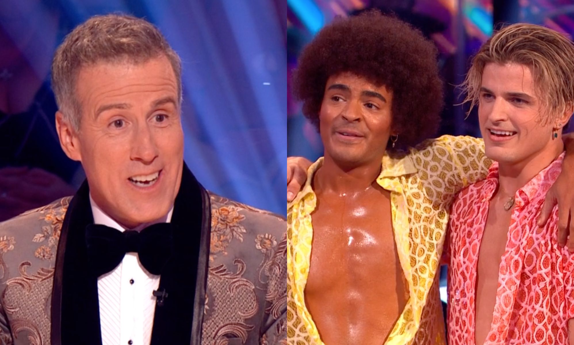 Strictly Come Dancing judge Anton Du Beke (left) talks to contestant Layton Williams (middle) and dance partner Nikita Kuzmin (right)