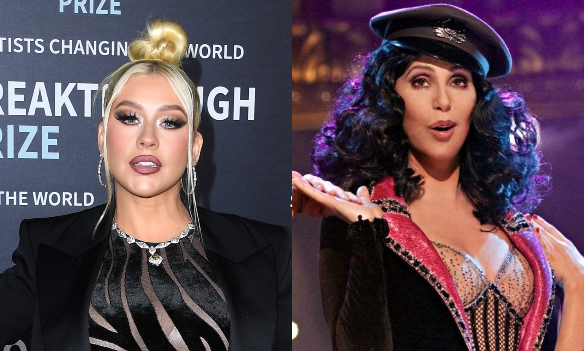 Christina Aguilera (L) dressed as Cher for Halloween.