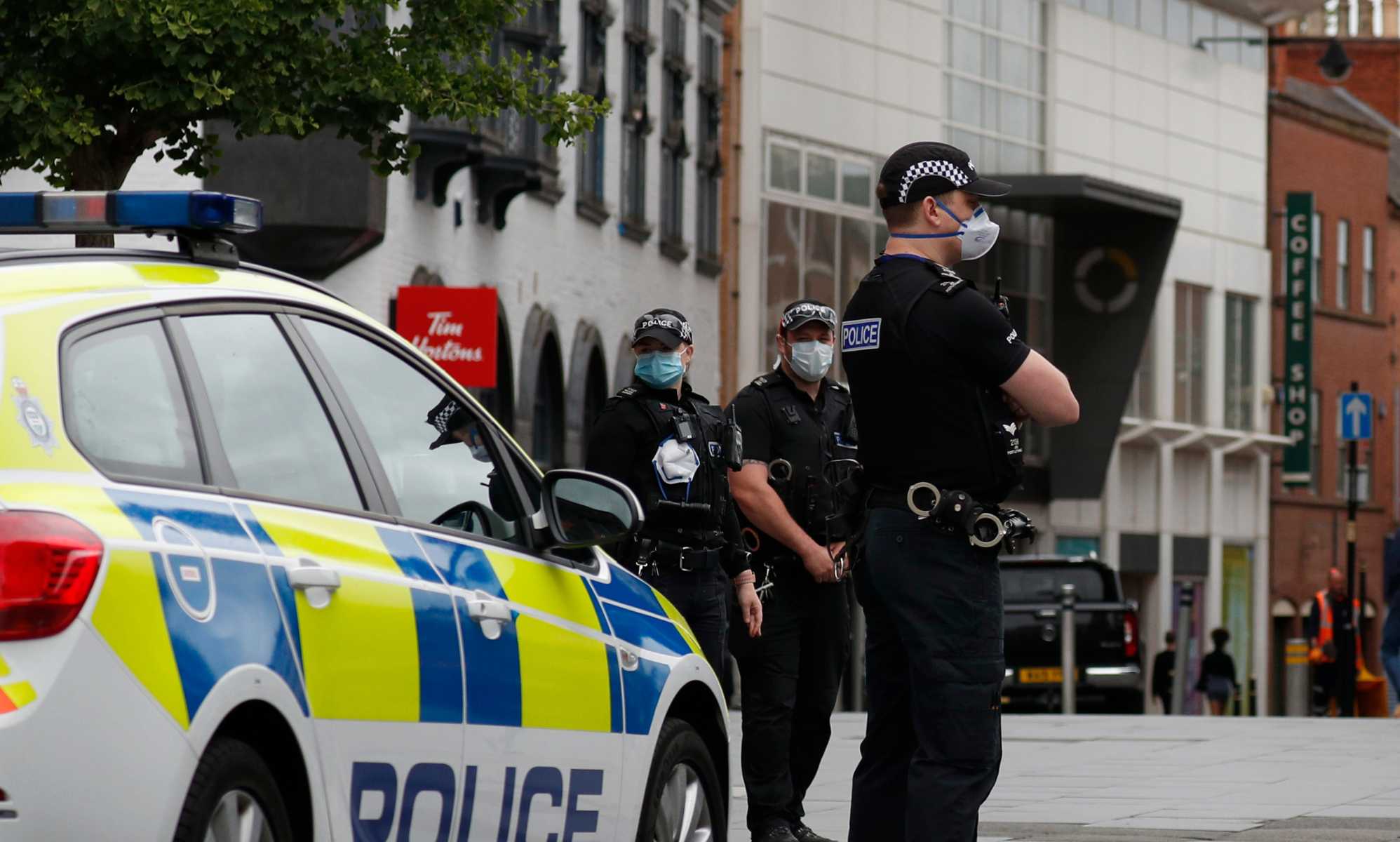 Police officers stand guard in the city centre during local lockdown on July 04, 2020 in Leicester, England.