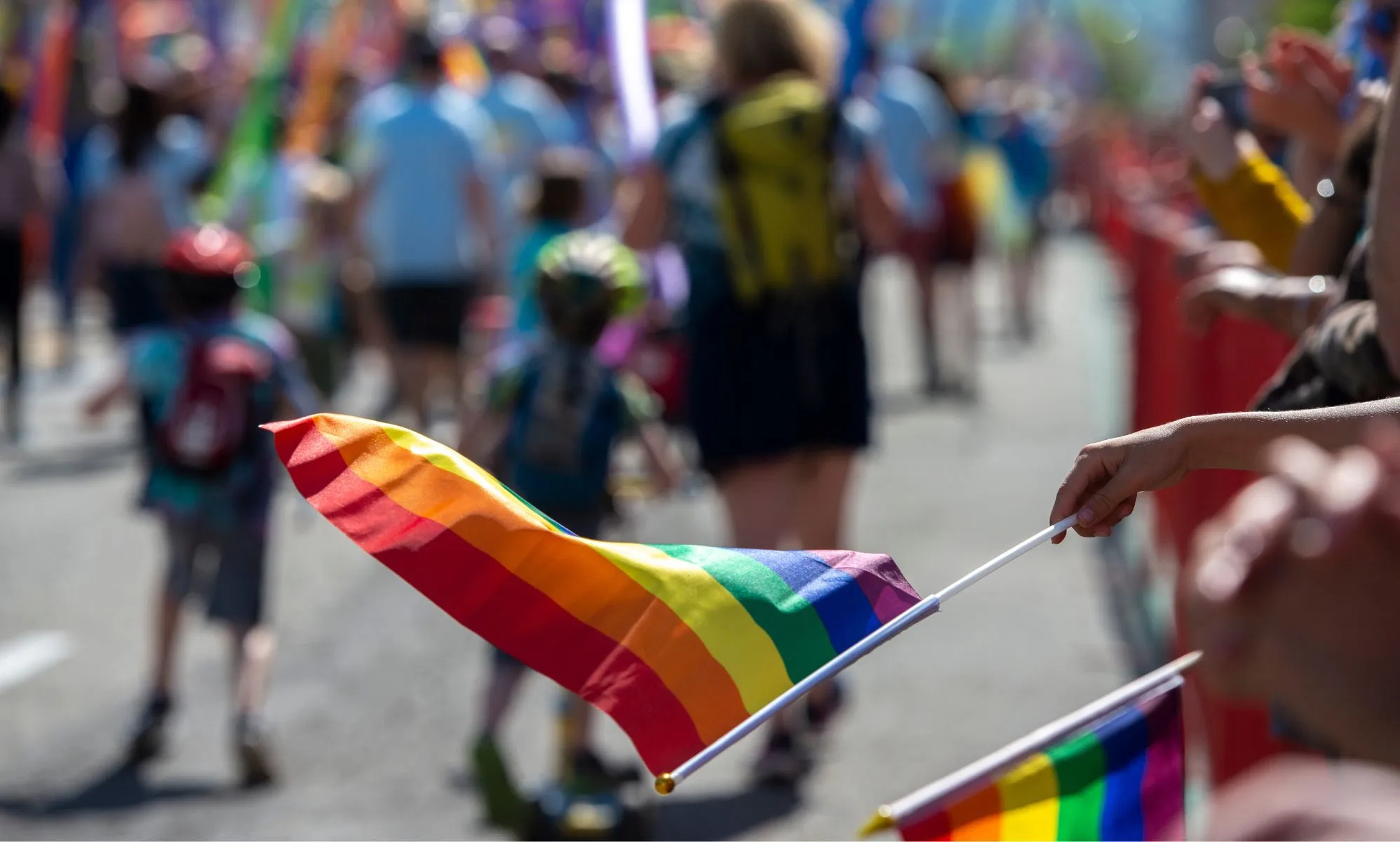 A person holds a small LGBTQ+ Pride flag on a stick during a Pride parade.