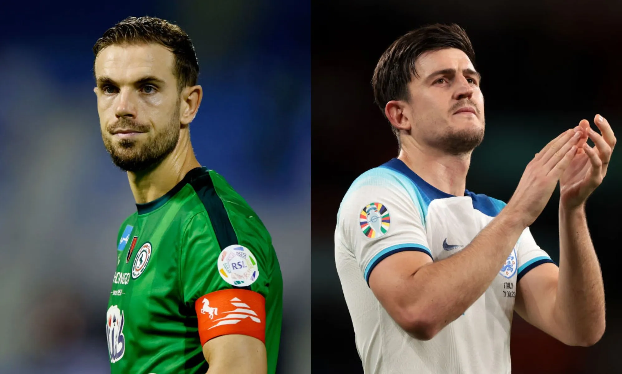 Jordan Henderson pictured on the left on the pitch playing for his Saudi club. On the right is Harry Maguire playing for his team.