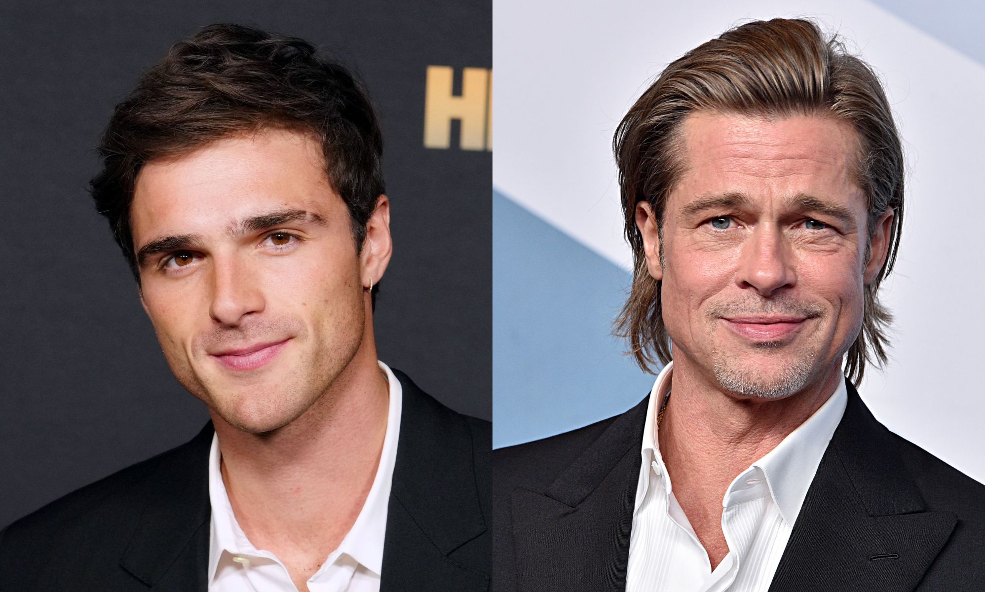 On the left, Jacob Elordi. On the right, Brad Pitt. Both men are wearing black blazer suits and white shirts.