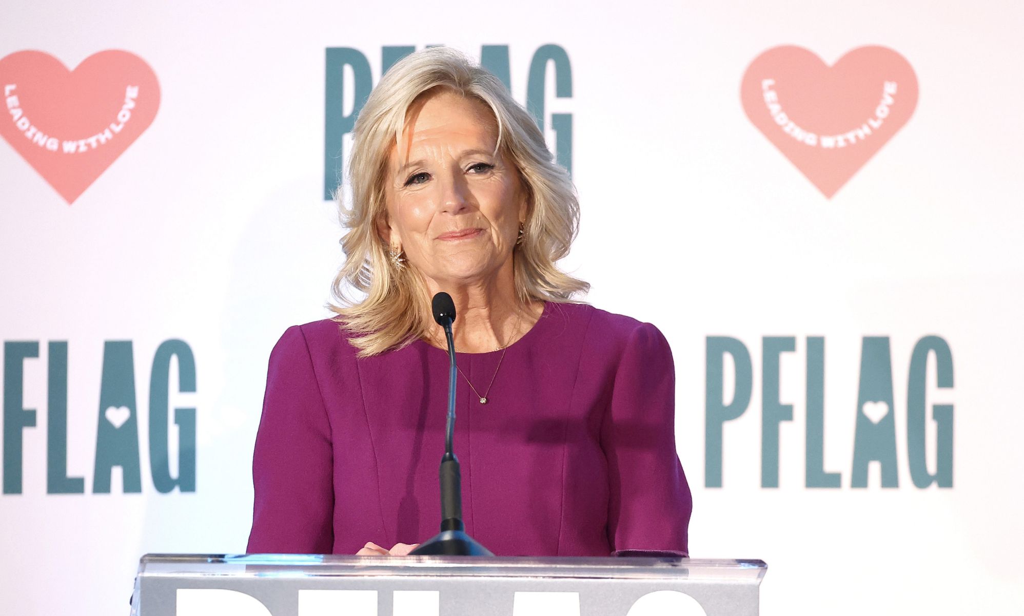 First Lady of the United States Jill Biden speaks on stage during Learning With Love: The 2023 PFLAG National Convention in Washington DC