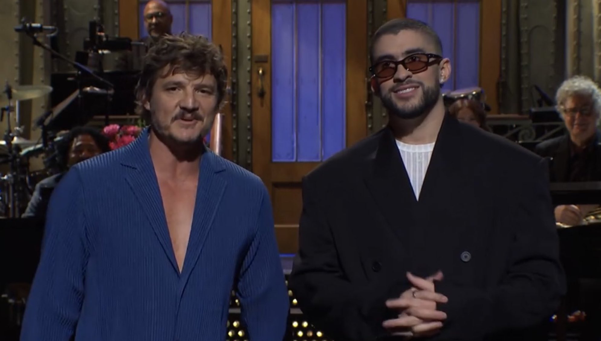 Pedro Pascal (left) and Bad Bunny (right) during the opening monologue of Saturday Night Live