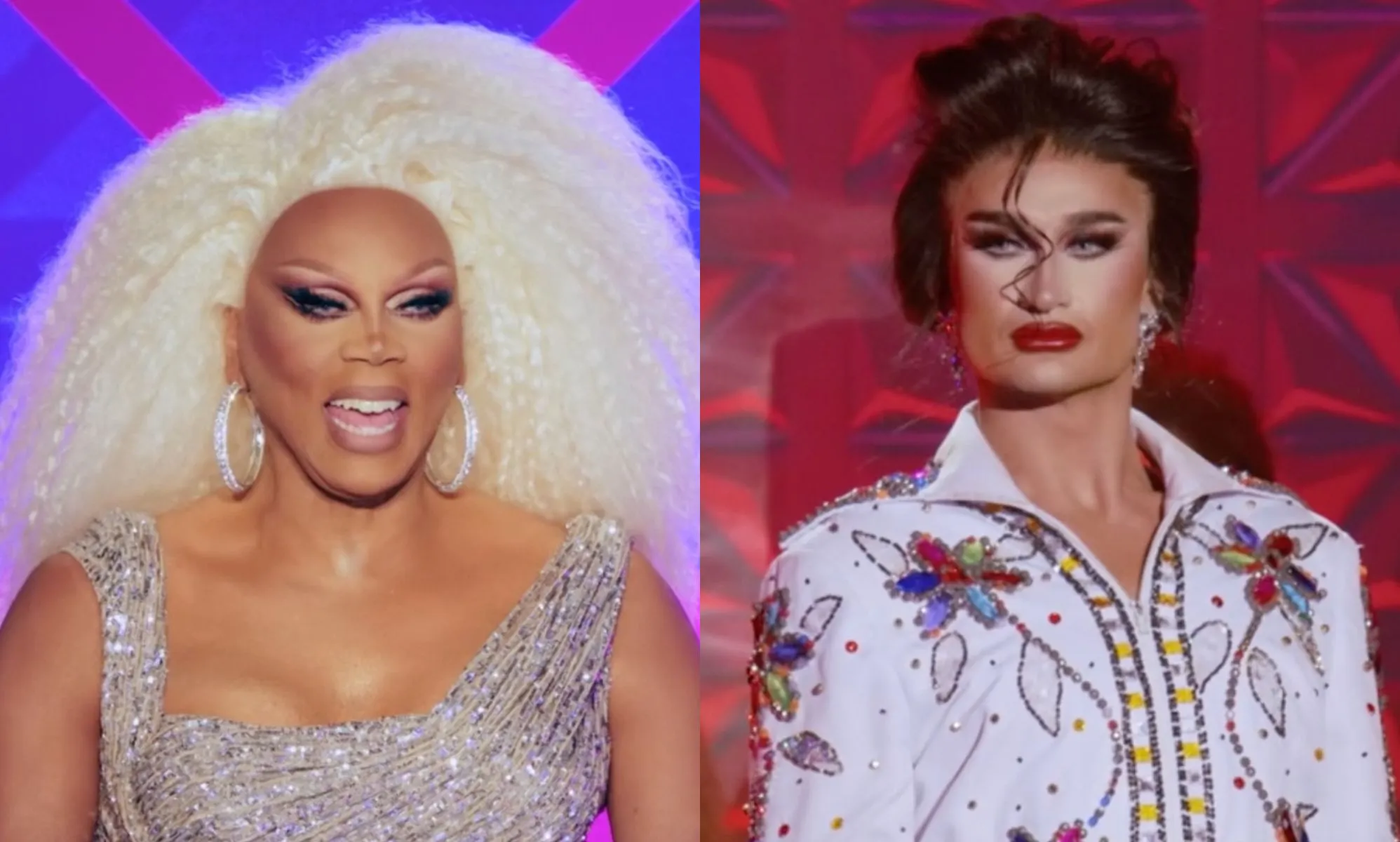 Stills from Drag Race UK season 5 episode 3 featuring RuPaul and Tomara Thomas.
