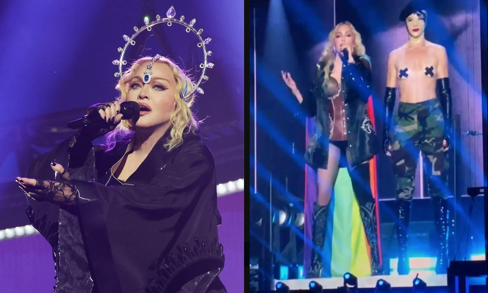 Madonna wears a Progress Pride Flag on stage at the Celebration Tour.