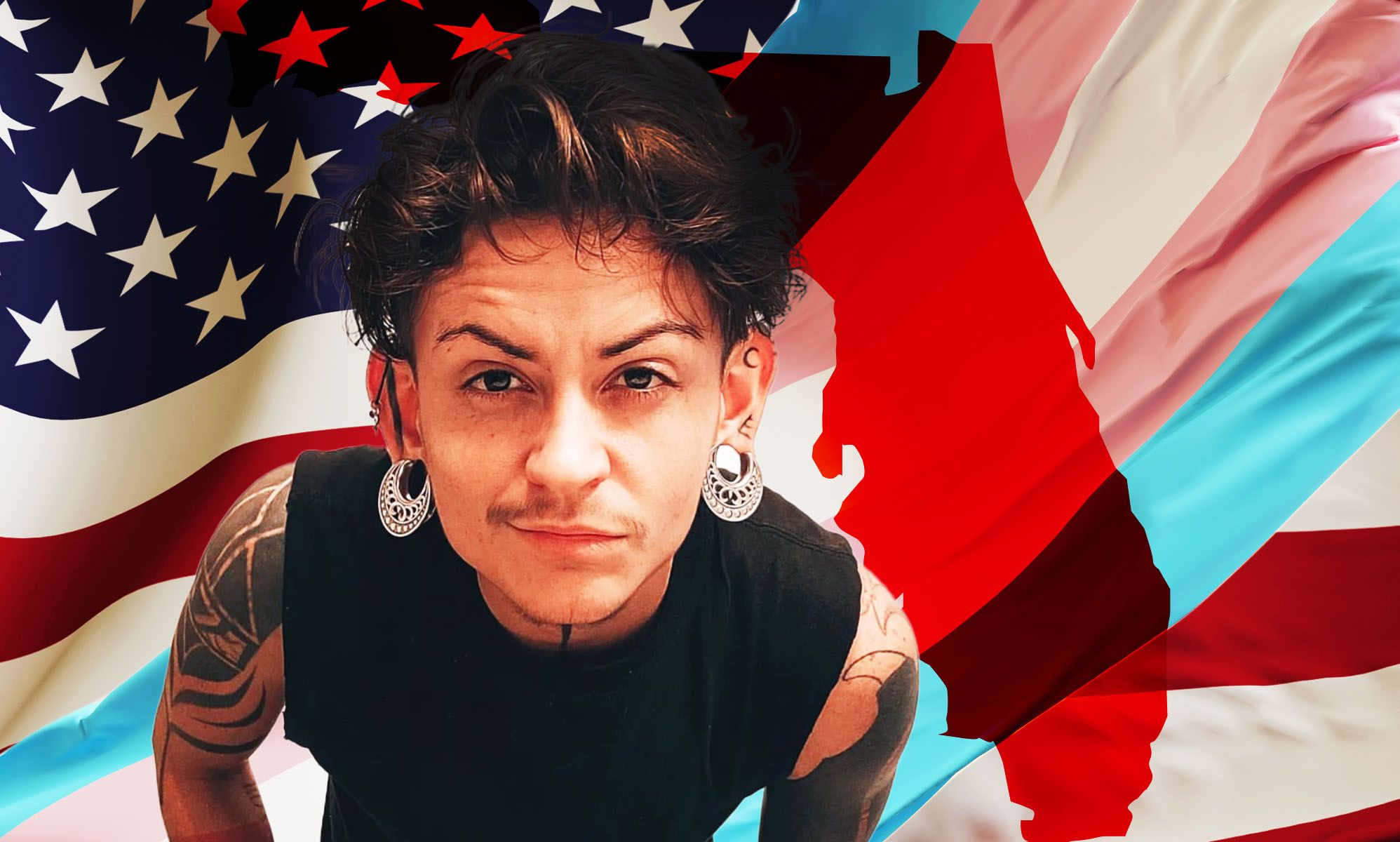 A graphic composed of an outline of the state of Florida, a trans Pride flag, the US flag and Avery Wade Kelley a trans person who left the state over gender-affirming healthcare bans