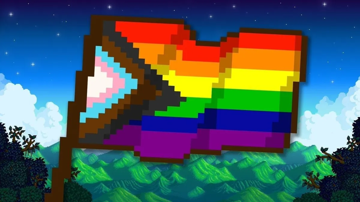 Image shows a pixellated LGBTQ+ flag, flown in the game Stardew Valley