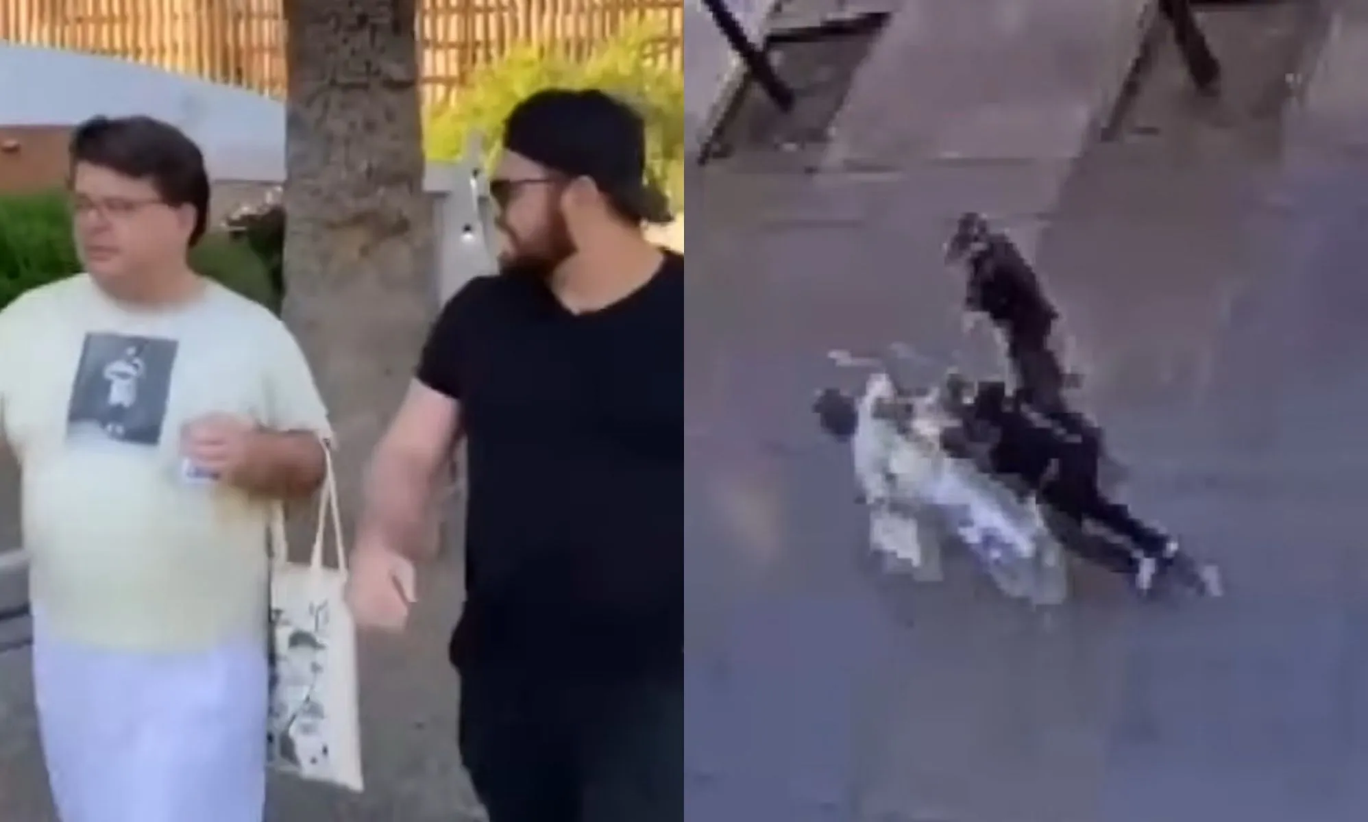 A split image of two men talking to each other, with the right hand image showing a man being forcibly pushed to the ground by two other men.