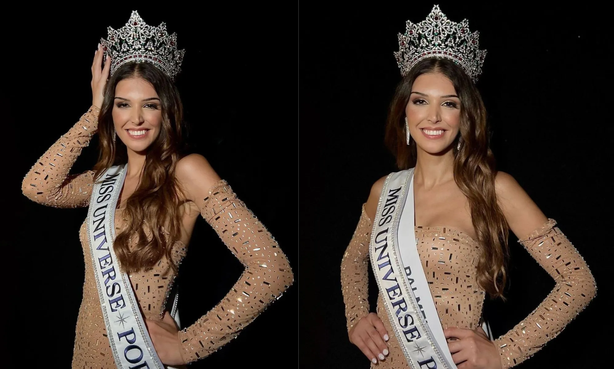 Side by side images of Marina Machete, a trans woman who is wearing a glittery nude coloured dress and sash and crown as she wins the Miss Portugal beauty competition