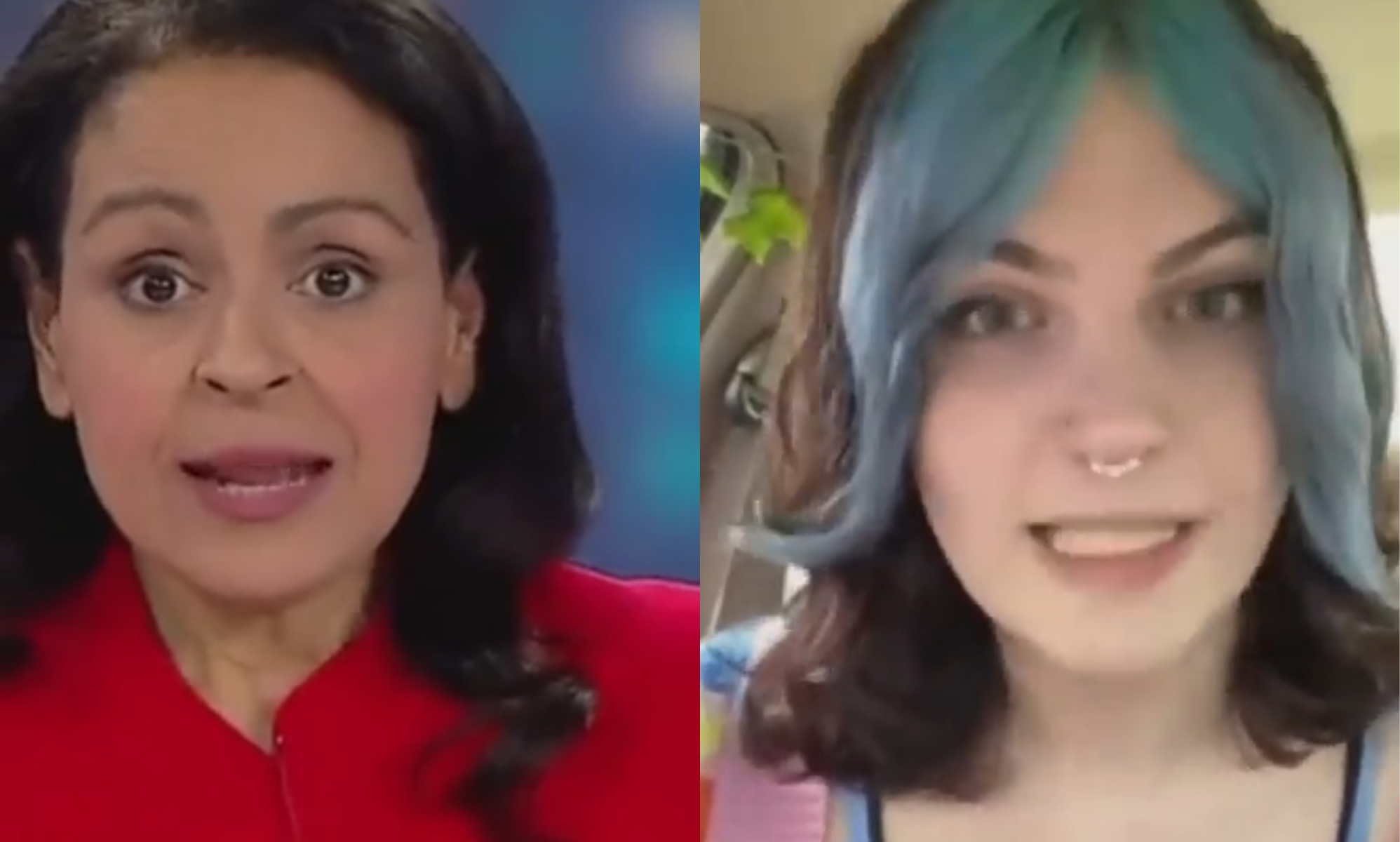 A split image of Sky News journalist Rita Panahi and a trans woman in a viral clip.