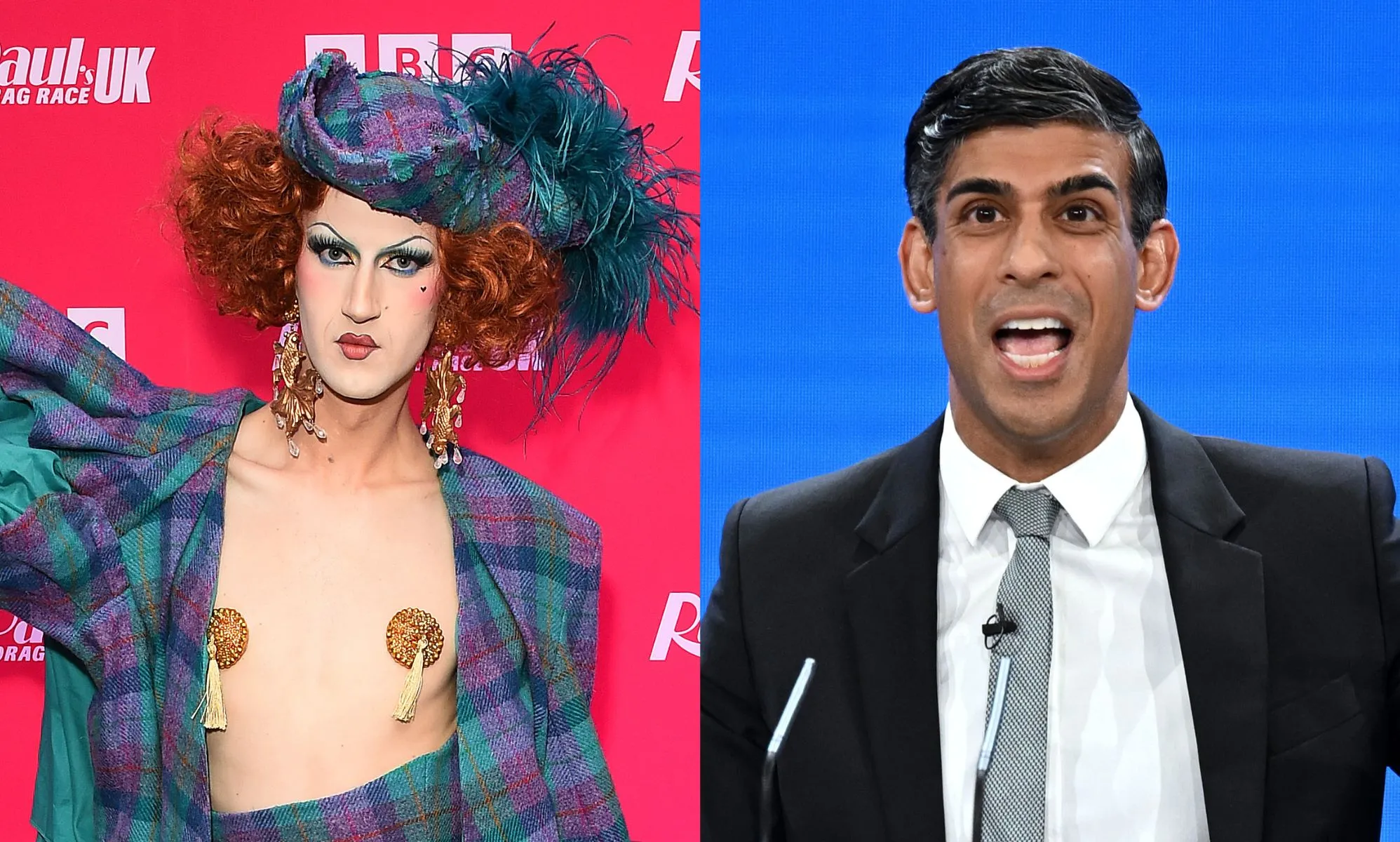 On the left, Drag Race UK S5 star Banksie. On the right, Rishi Sunak.