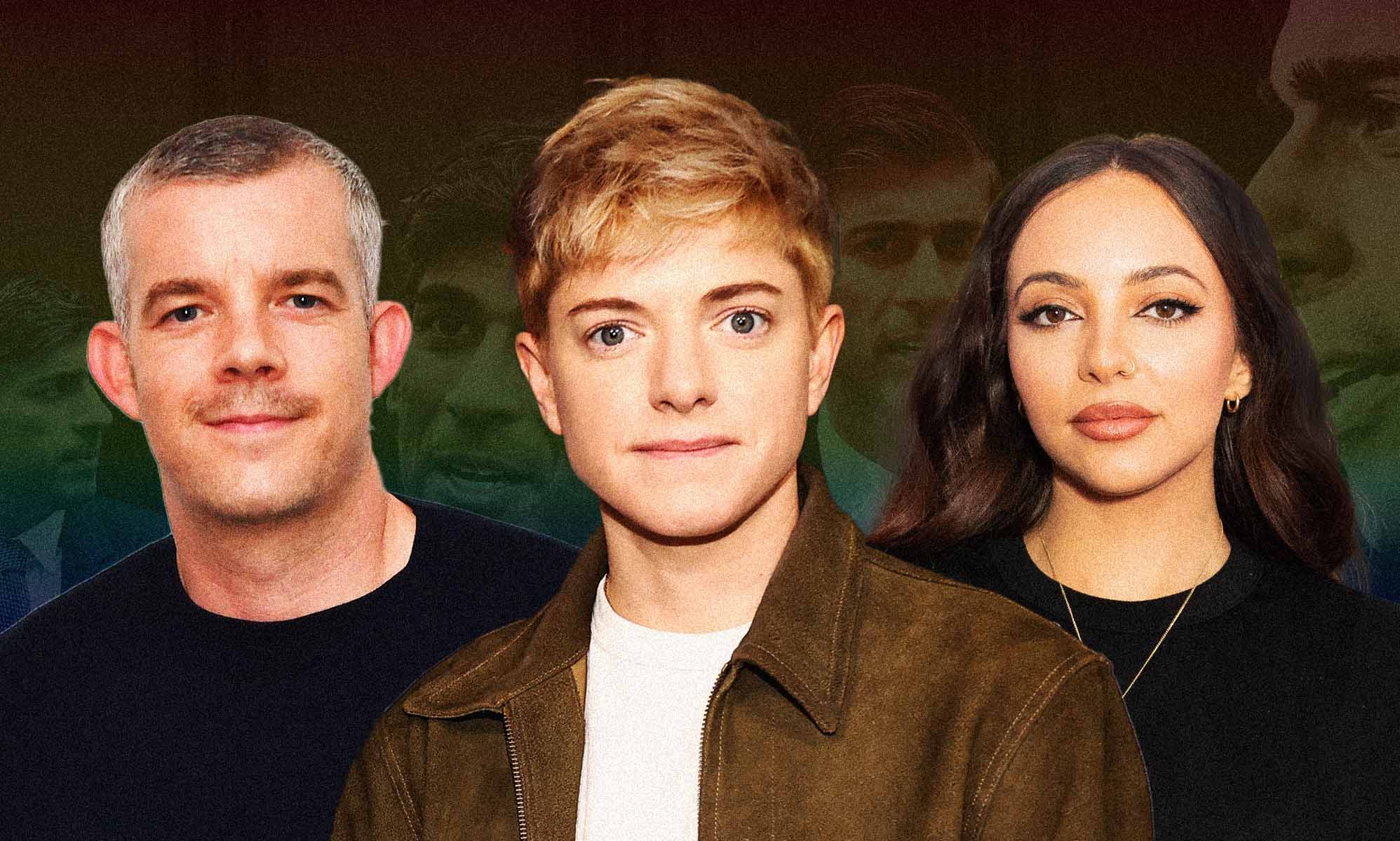 Russell Tovey, Mae Martin and Jade Thirlwall against a rainbow coloured backdrop featuring British prime minister Rishi Sunak.