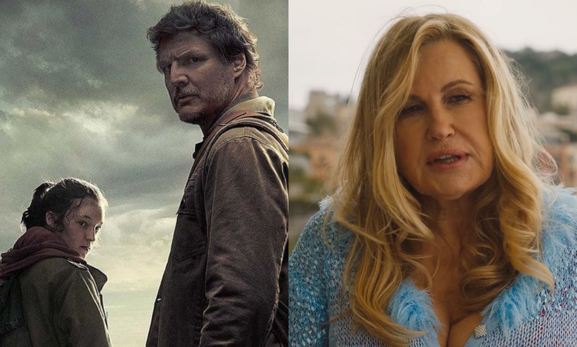 Images showing Bella Ramsey and Pedro Pascal in The Last of Us and Jennifer Coolidge in The White Lotus.