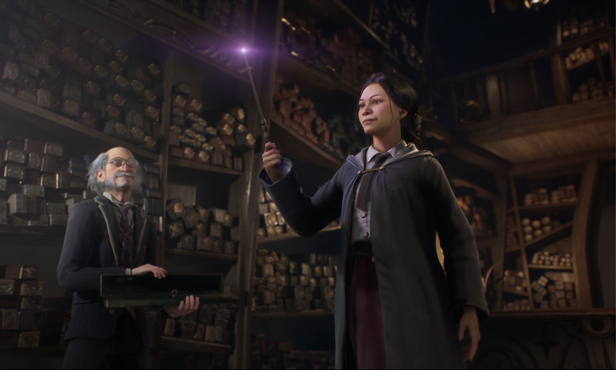 A student raises a wand in a Hogwarts wand shop.