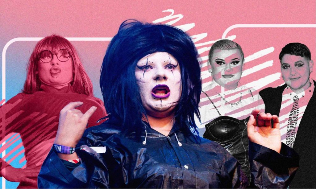 Drag icon Bailey J Mills against a pink, blue and white background.
