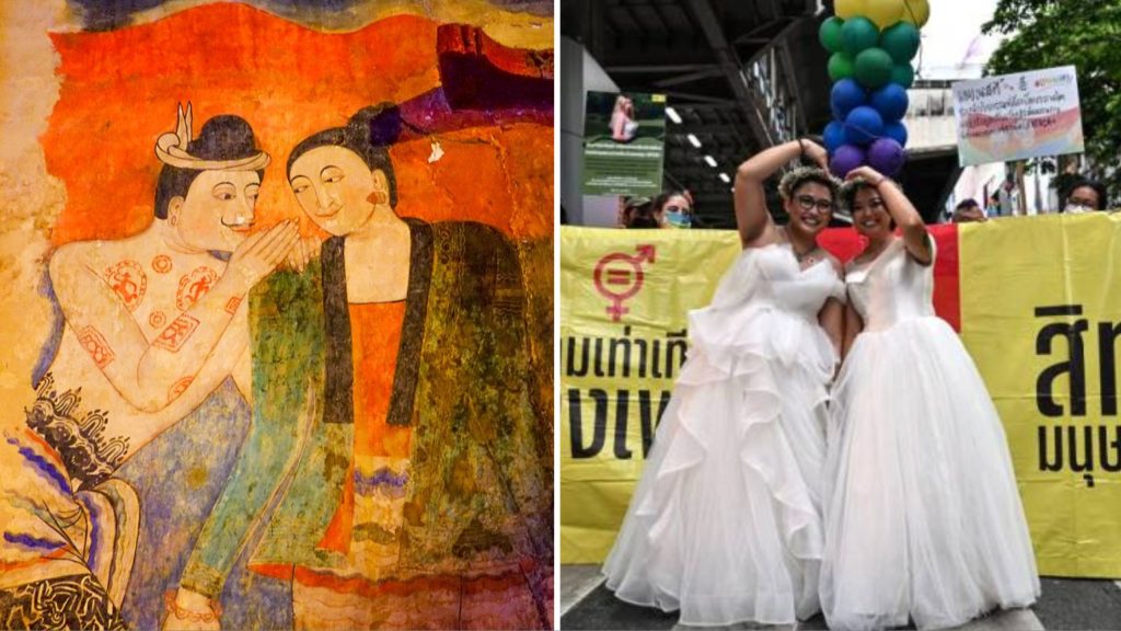 Composite image which shows - on the left, a mural showing two whispering lovers from the temple of Wat Phumin in Thailand, on the right two brides celebrate forward progress in same-sex marriage in Thailand (Wikimedia Commons/Getty)