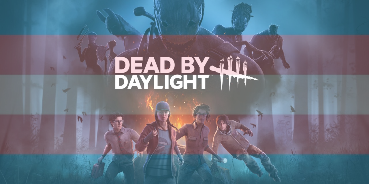 Video game box art for Dead By Daylight with a trans flag transparent overlay