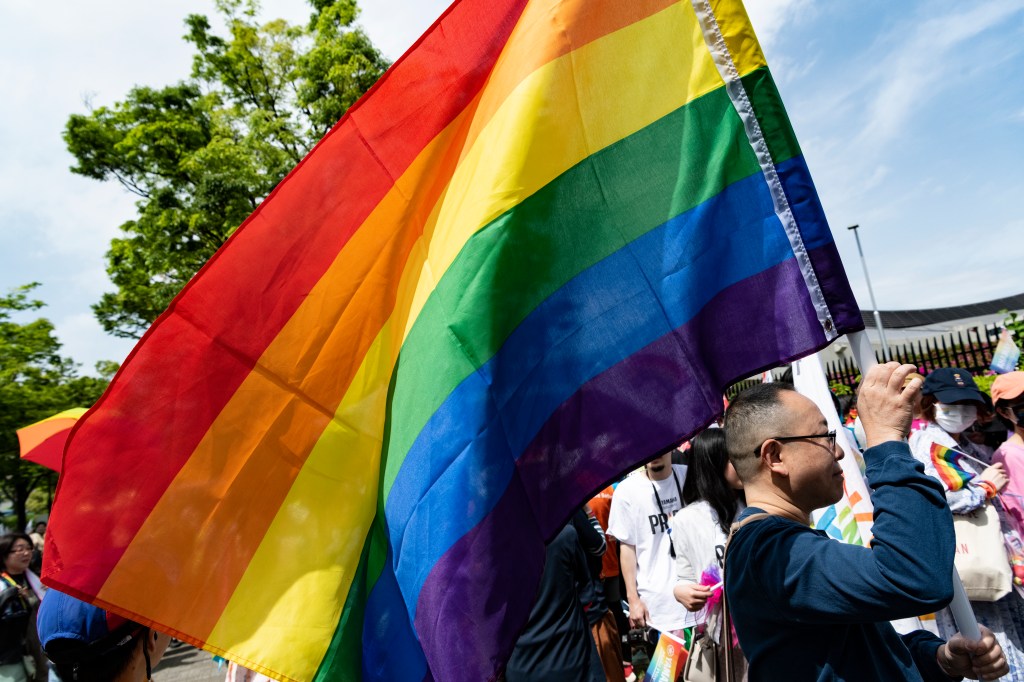 Una persona sostiene una bandera arcoíris del orgullo LGBTQ+ durante una marcha en Tokio, Japón
