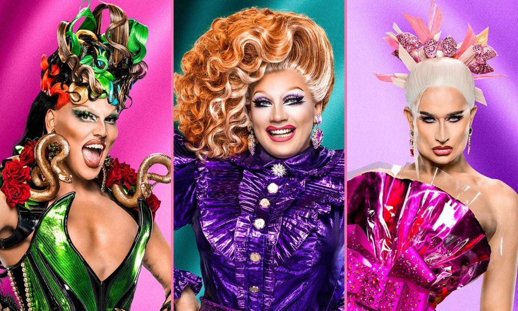 Los finalistas de Drag Race UK, Michael Marouli, Ginger Johnson y Tomara Thomas.
