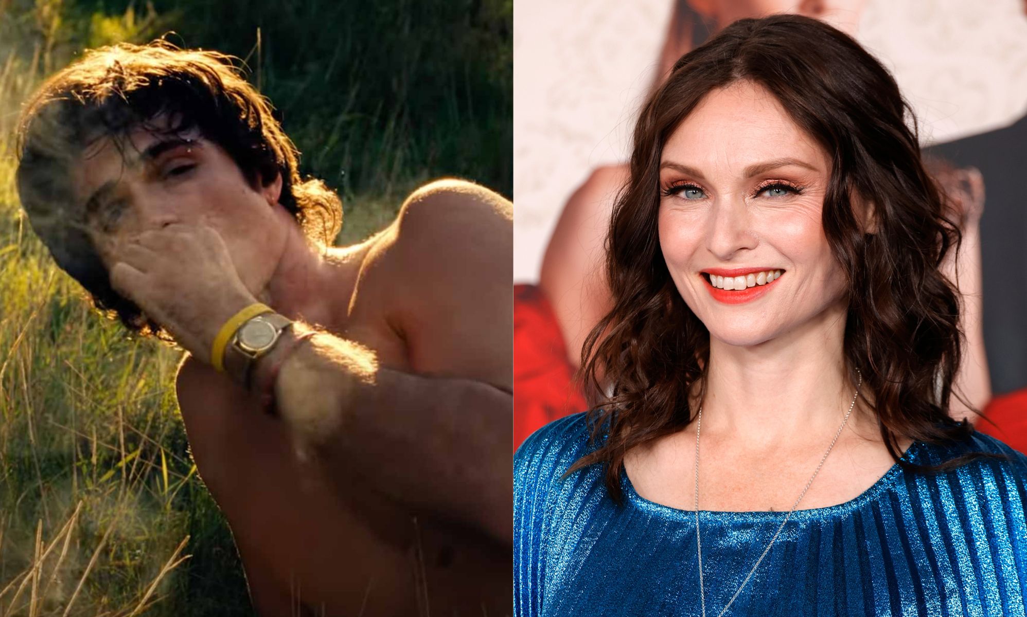 Jacob Elordi in a still from Saltburn (left) and Sophie Ellis-Bextor at the Saltburn premiere.