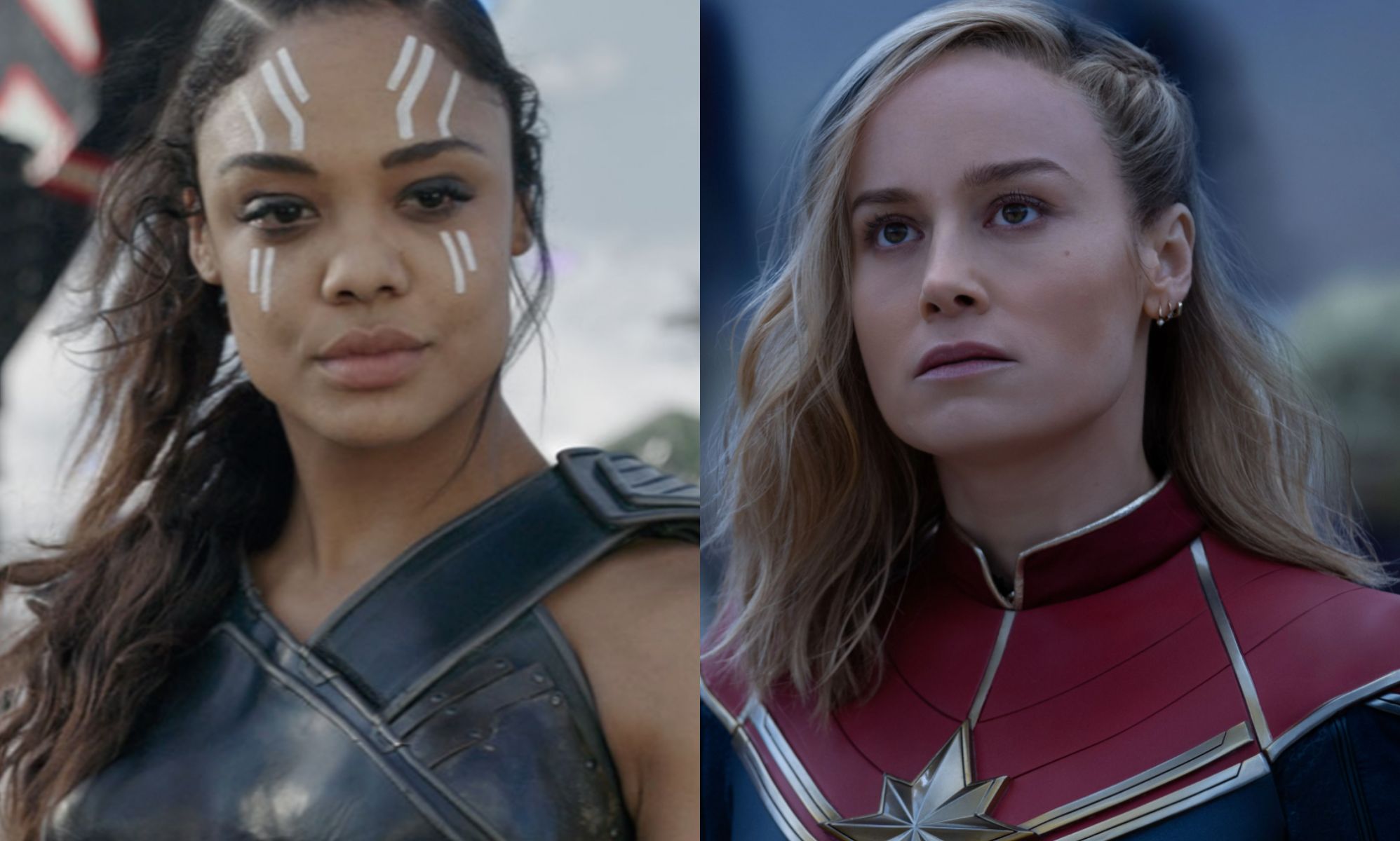 Stills from The Marvels featuring Tessa Thompson as Valkyrie and Brie Larson as Captain Marvel.